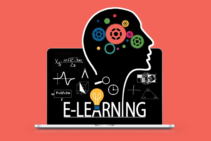 a laptop displaying an illustrated head with colourful cogs inside it, to symbolise e-learning and future of work